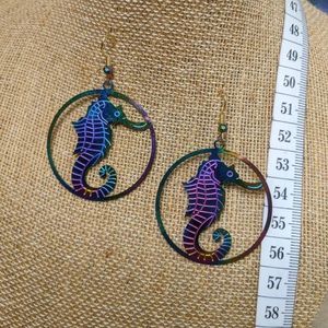 Dark Iridescent Rainbow Seahorse Hoop Earrings; Light Weight; Hypoallergenic Hoo